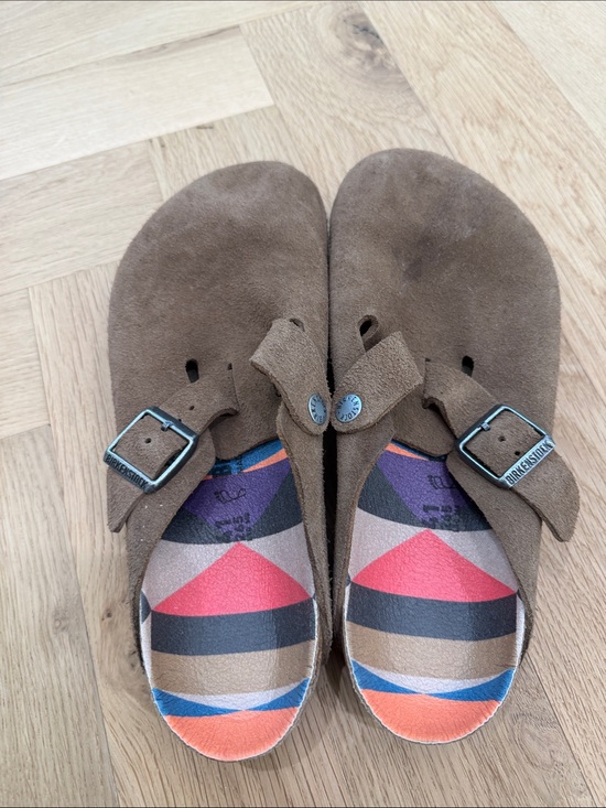 Birkenstock Shoes - Birkenstock Brown Suede Clogs with Colorful Geometric Insole